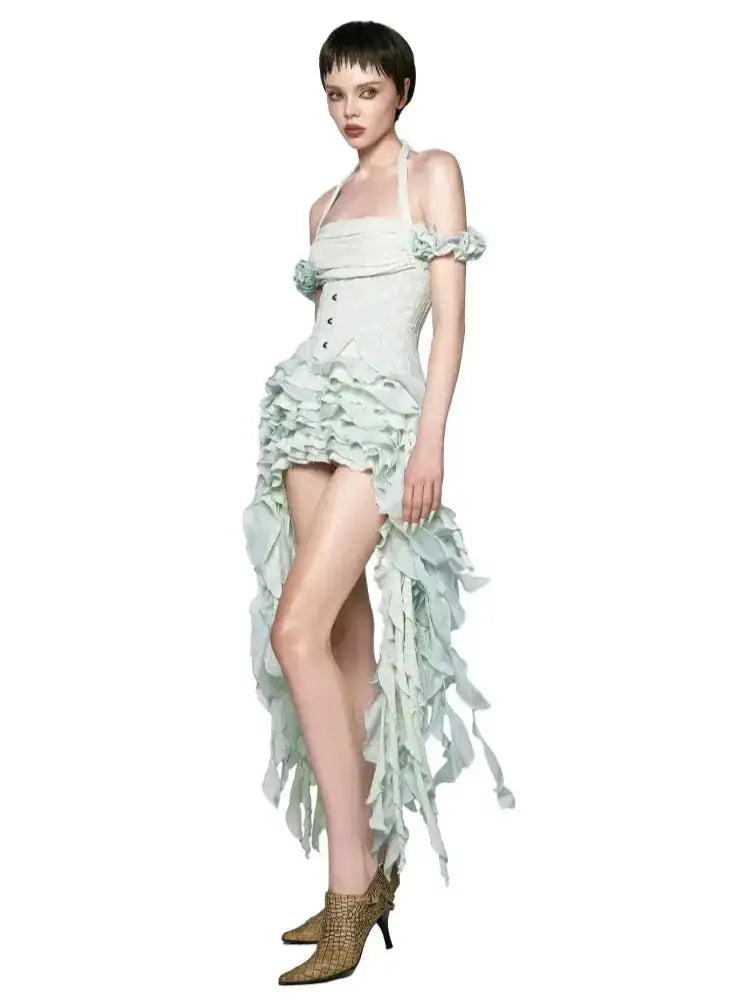 Women Ruffles Draped Dress Three Piece Sets Sexy Halter Neck Folds Ruffled Dress+Lace-up Corset Top+Shorts Suits Party Cocktail by Dropshipman