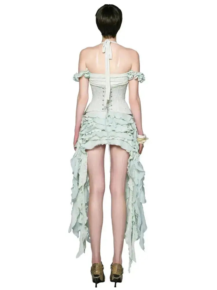 Women Ruffles Draped Dress Three Piece Sets Sexy Halter Neck Folds Ruffled Dress+Lace-up Corset Top+Shorts Suits Party Cocktail by Dropshipman