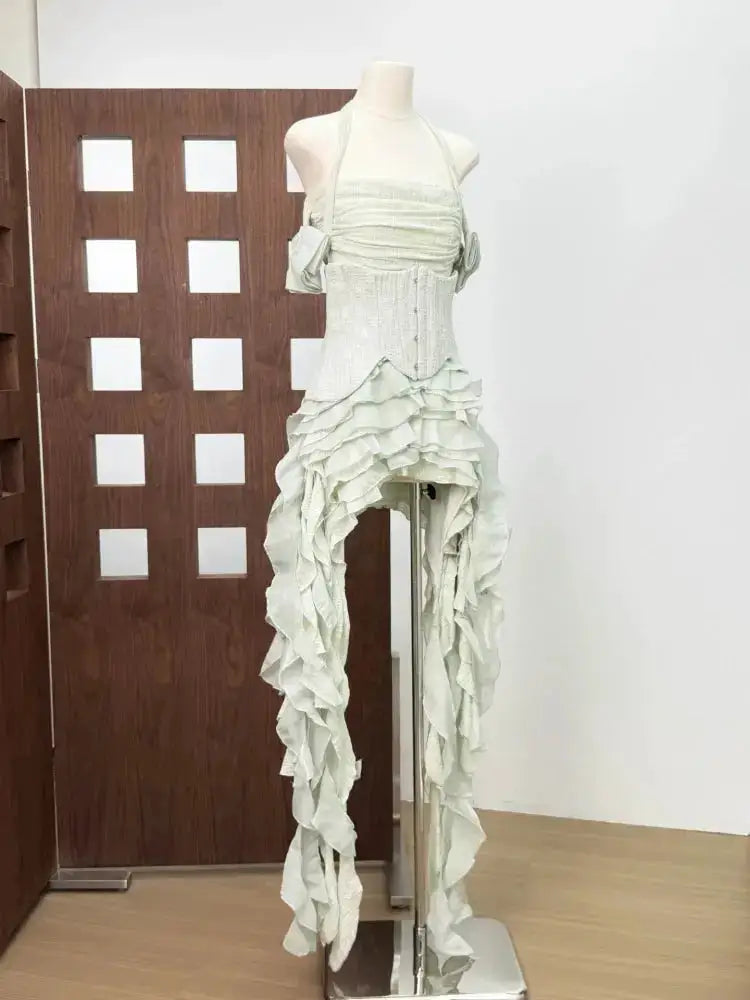 Women Ruffles Draped Dress Three Piece Sets Sexy Halter Neck Folds Ruffled Dress+Lace-up Corset Top+Shorts Suits Party Cocktail by Dropshipman