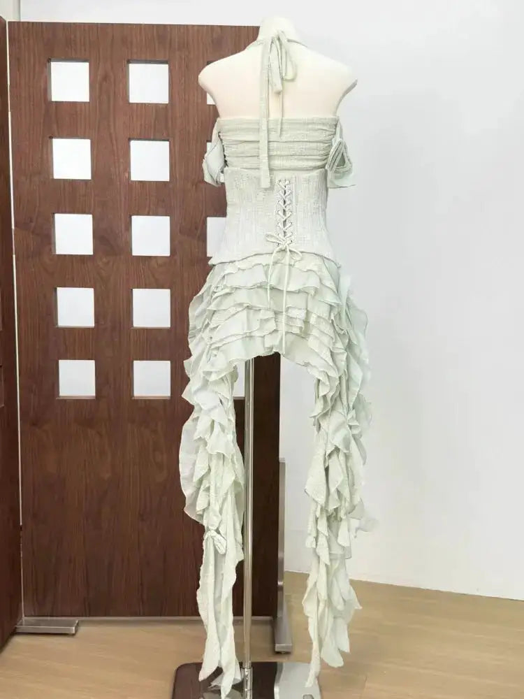 Women Ruffles Draped Dress Three Piece Sets Sexy Halter Neck Folds Ruffled Dress+Lace-up Corset Top+Shorts Suits Party Cocktail by Dropshipman
