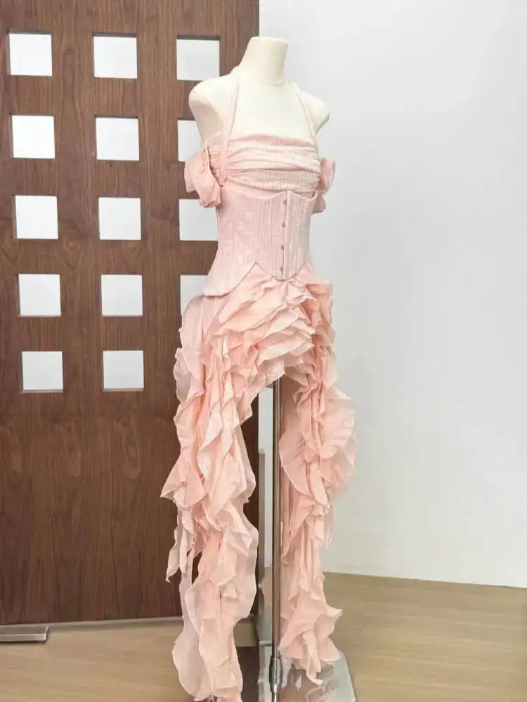 Women Ruffles Draped Dress Three Piece Sets Sexy Halter Neck Folds Ruffled Dress+Lace-up Corset Top+Shorts Suits Party Cocktail by Dropshipman
