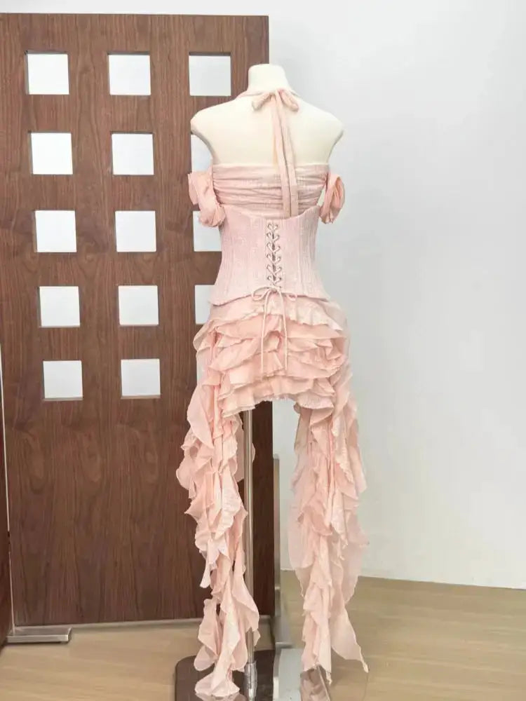 Women Ruffles Draped Dress Three Piece Sets Sexy Halter Neck Folds Ruffled Dress+Lace-up Corset Top+Shorts Suits Party Cocktail by Dropshipman