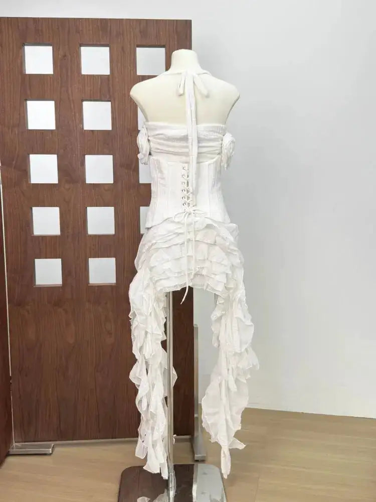 Women Ruffles Draped Dress Three Piece Sets Sexy Halter Neck Folds Ruffled Dress+Lace-up Corset Top+Shorts Suits Party Cocktail by Dropshipman