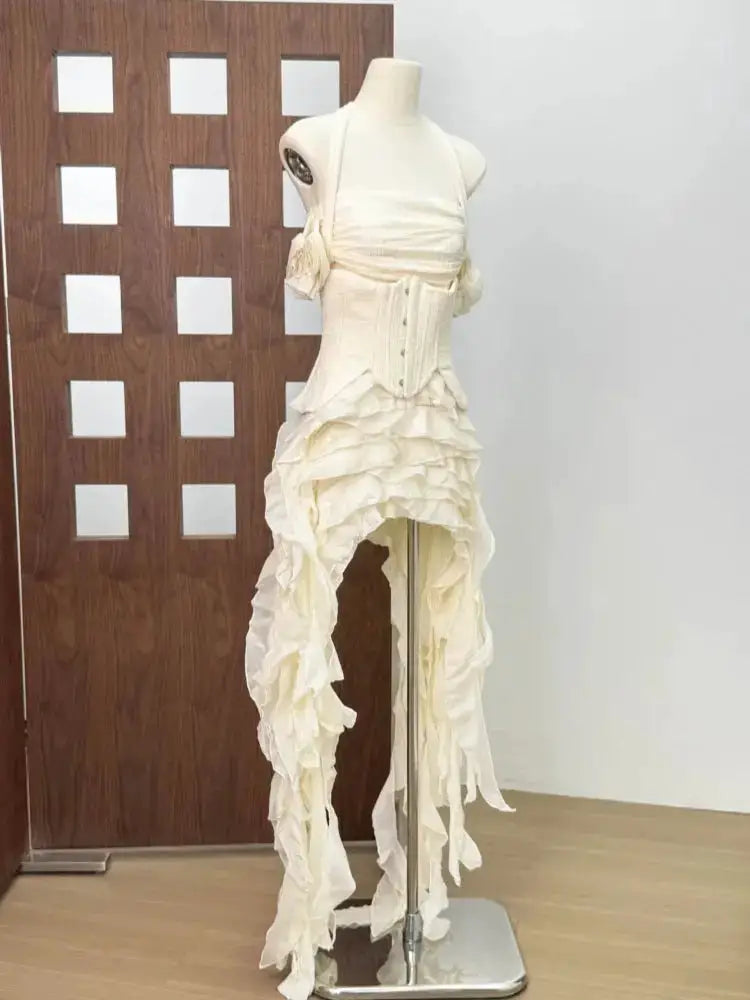 Women Ruffles Draped Dress Three Piece Sets Sexy Halter Neck Folds Ruffled Dress+Lace-up Corset Top+Shorts Suits Party Cocktail by Dropshipman