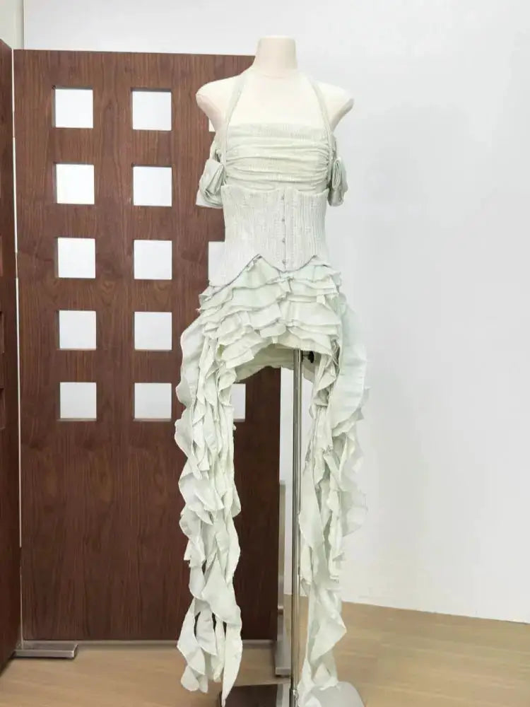 Women Ruffles Draped Dress Three Piece Sets Sexy Halter Neck Folds Ruffled Dress+Lace-up Corset Top+Shorts Suits Party Cocktail by Dropshipman
