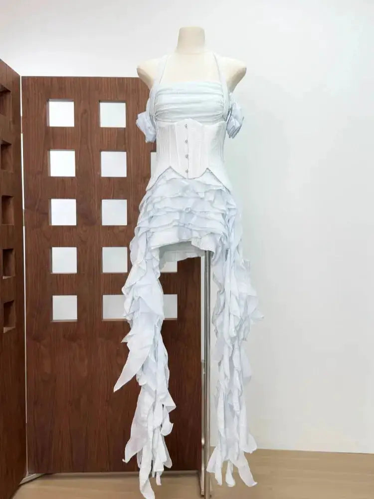 Women Ruffles Draped Dress Three Piece Sets Sexy Halter Neck Folds Ruffled Dress+Lace-up Corset Top+Shorts Suits Party Cocktail by Dropshipman