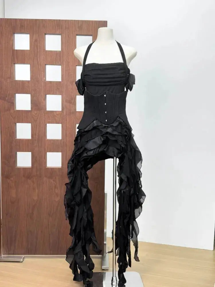 Women Ruffles Draped Dress Three Piece Sets Sexy Halter Neck Folds Ruffled Dress+Lace-up Corset Top+Shorts Suits Party Cocktail by Dropshipman