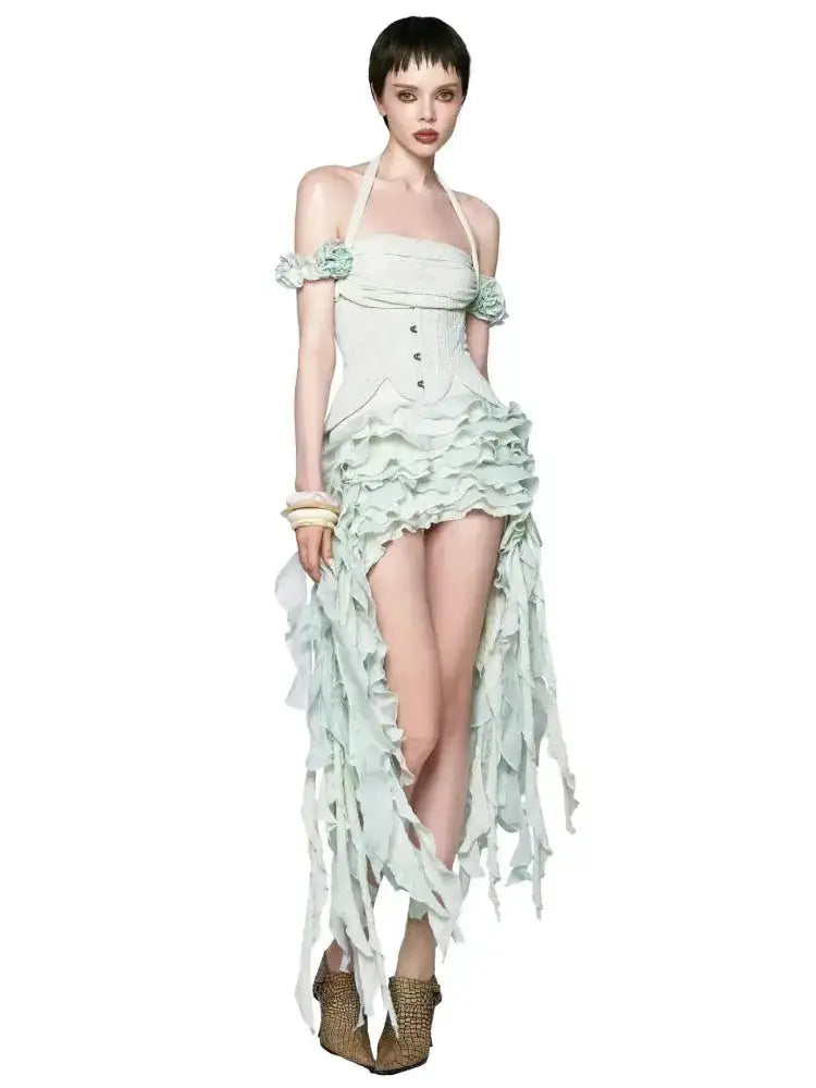 Women Ruffles Draped Dress Three Piece Sets Sexy Halter Neck Folds Ruffled Dress+Lace-up Corset Top+Shorts Suits Party Cocktail by Dropshipman