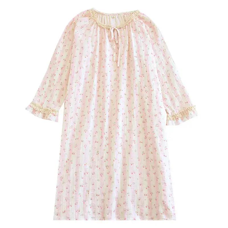 Spring and Summer Long Sleeve Round Neck Lace Sweet Long Dress Women&