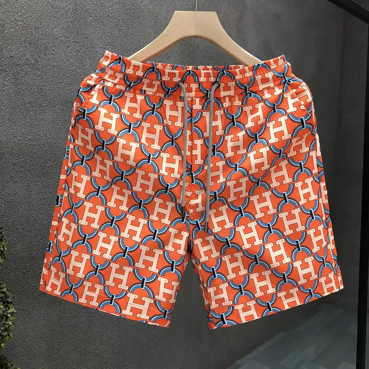 Men Orange Full H Letter Beach Shorts Quick Dry Casual Pocket Swim Trunks Summer Holiday Luxury Pattern Sports Board Short Pants by Dropshipman