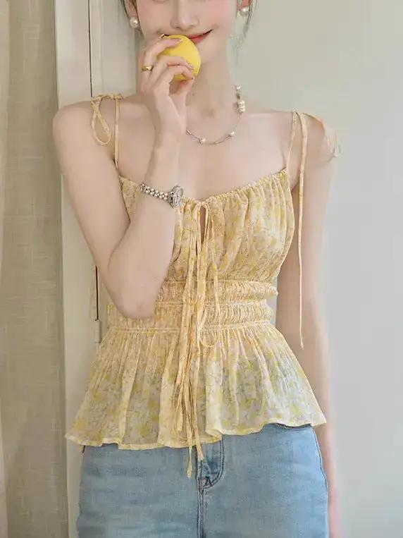 Midsummer Oil Painting Series & High-set Oblique Cut Mid-length French Printed Sling dress by Dropshipman