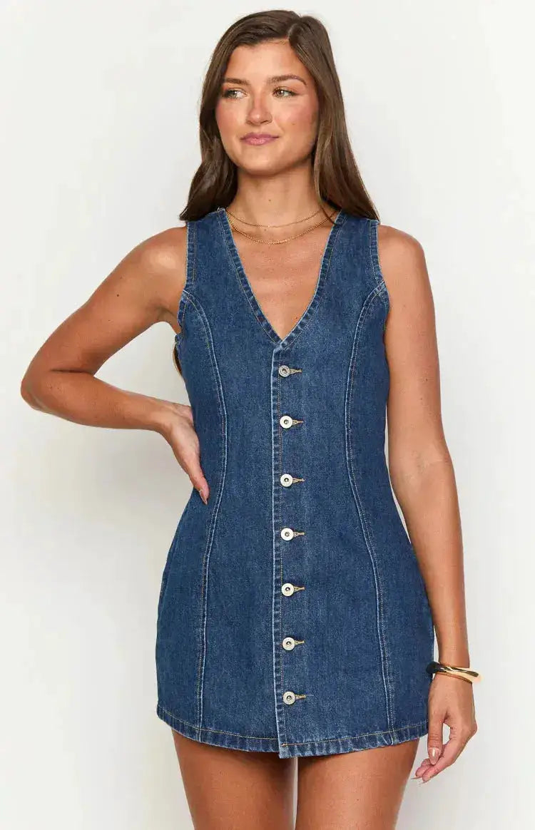 Denim Dress Women Mid Length Dresses Vest Vestidos Y2k Streetwear Elegant Splice Party Night Work V Neck Sleeveless Tight Waist by Dropshipman