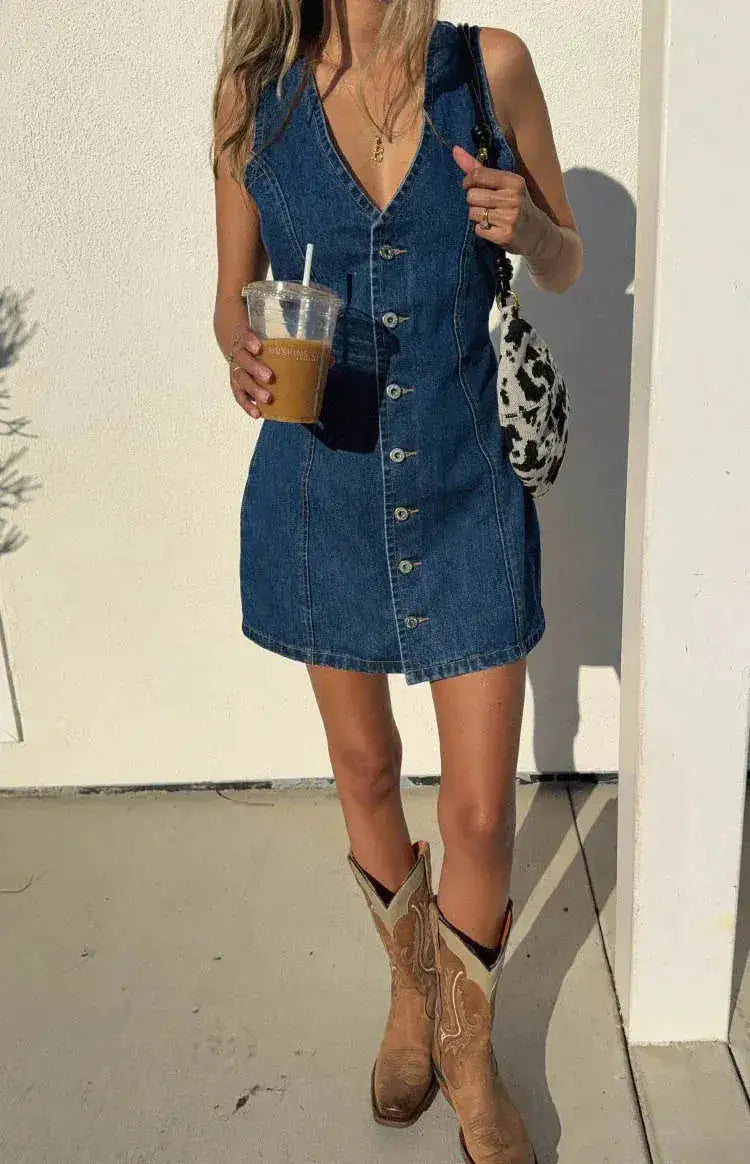 Denim Dress Women Mid Length Dresses Vest Vestidos Y2k Streetwear Elegant Splice Party Night Work V Neck Sleeveless Tight Waist by Dropshipman