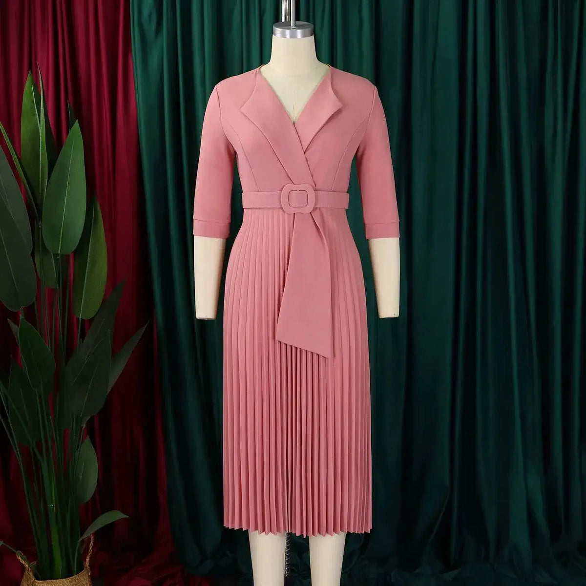 Elegant Office Ladies Dresses 2024 Autumn Fall Notched Collar Half Sleeve Belt Waisted Mid Calf Female Birthday Party Dress Midi by Dropshipman