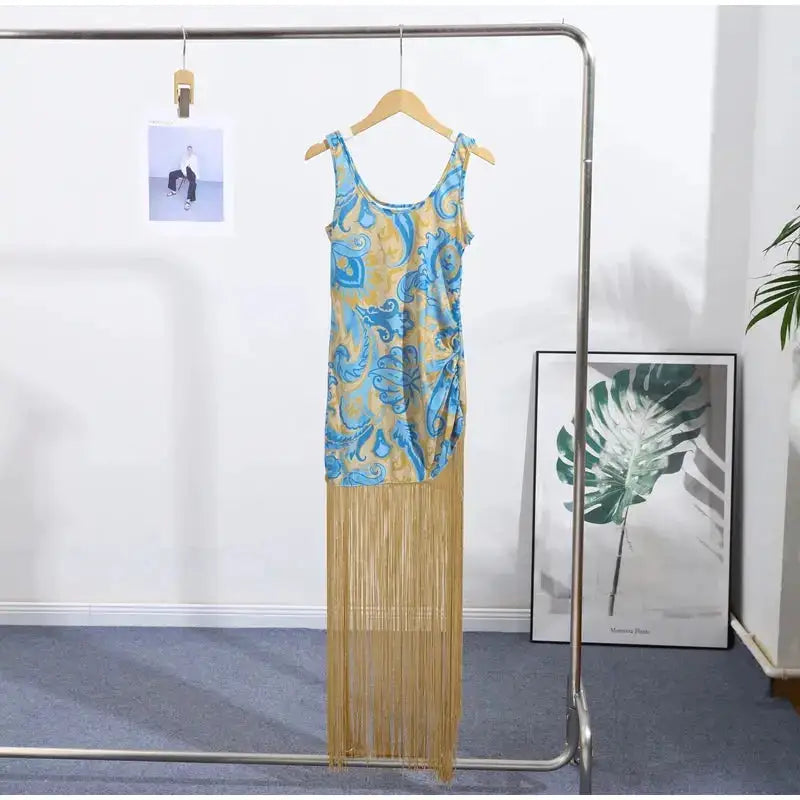 Tassel Hemline Printed Halter Dress Sleeveless Suspender Pleats Waist Cinched Slimming Sexy Robes Fringed Women Long Dresses New by Dropshipman