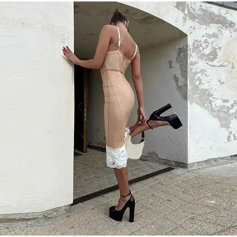 Mesh Overlay Lace Hem Slip Midi Dress Slim Spaghetti Strap Sheer 2026 Summer Elegant Women Bodycon Dress Retro Date Lady Gown by Dropshipman