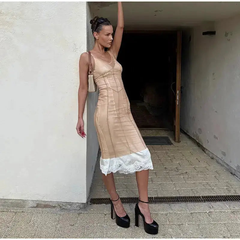 Mesh Overlay Lace Hem Slip Midi Dress Slim Spaghetti Strap Sheer 2026 Summer Elegant Women Bodycon Dress Retro Date Lady Gown by Dropshipman