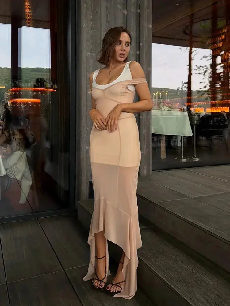 Mesh Overlay Lace Hem Slip Midi Dress Slim Spaghetti Strap Sheer 2026 Summer Elegant Women Bodycon Dress Retro Date Lady Gown by Dropshipman