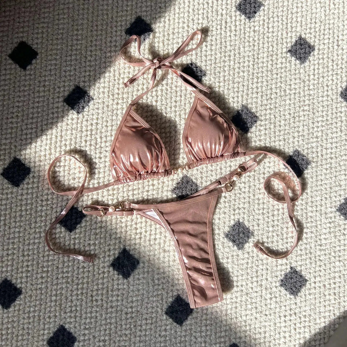 2025 European and American New Sexy Glossy Pearl Thong Bikini Swimsuit Bikini Cross-Border Export by Dropshipman