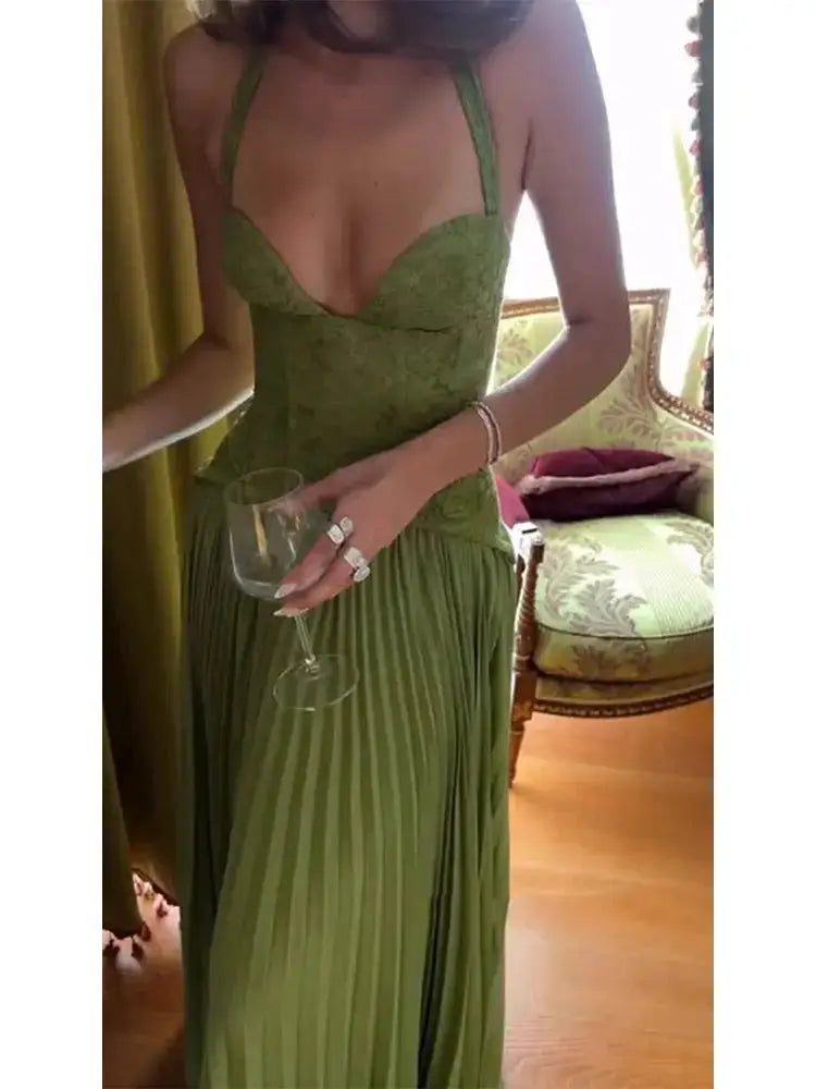 Green Fishbone Corset Halter Maxi Dress Women Sleeveless Backless Pleated Patchwork Slim Dresses Lady Solid Party Evening Gown by Dropshipman