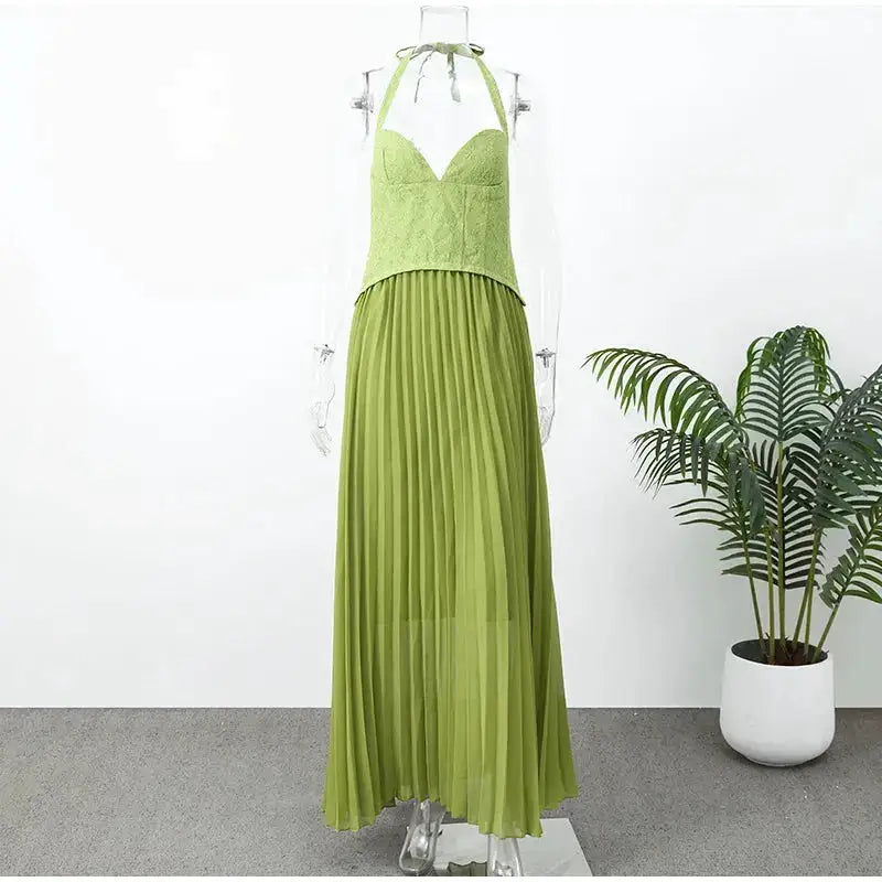 Green Fishbone Corset Halter Maxi Dress Women Sleeveless Backless Pleated Patchwork Slim Dresses Lady Solid Party Evening Gown by Dropshipman
