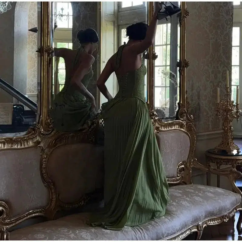 Green Fishbone Corset Halter Maxi Dress Women Sleeveless Backless Pleated Patchwork Slim Dresses Lady Solid Party Evening Gown by Dropshipman