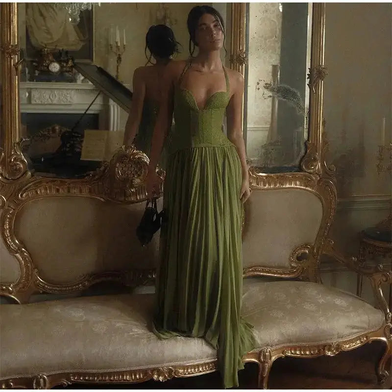 Green Fishbone Corset Halter Maxi Dress Women Sleeveless Backless Pleated Patchwork Slim Dresses Lady Solid Party Evening Gown by Dropshipman
