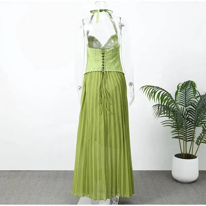 Green Fishbone Corset Halter Maxi Dress Women Sleeveless Backless Pleated Patchwork Slim Dresses Lady Solid Party Evening Gown by Dropshipman