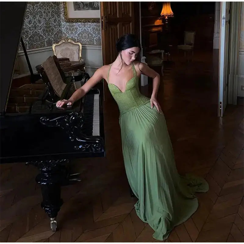 Green Fishbone Corset Halter Maxi Dress Women Sleeveless Backless Pleated Patchwork Slim Dresses Lady Solid Party Evening Gown by Dropshipman