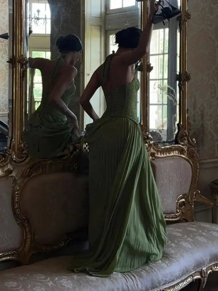 Green Fishbone Corset Halter Maxi Dress Women Sleeveless Backless Pleated Patchwork Slim Dresses Lady Solid Party Evening Gown by Dropshipman