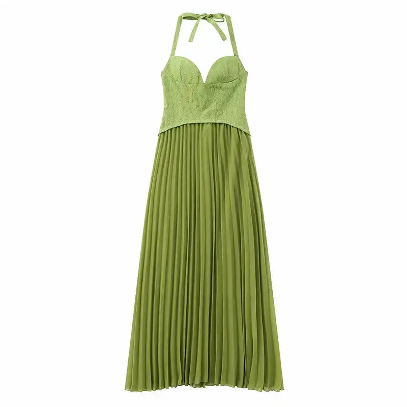 Green Fishbone Corset Halter Maxi Dress Women Sleeveless Backless Pleated Patchwork Slim Dresses Lady Solid Party Evening Gown by Dropshipman