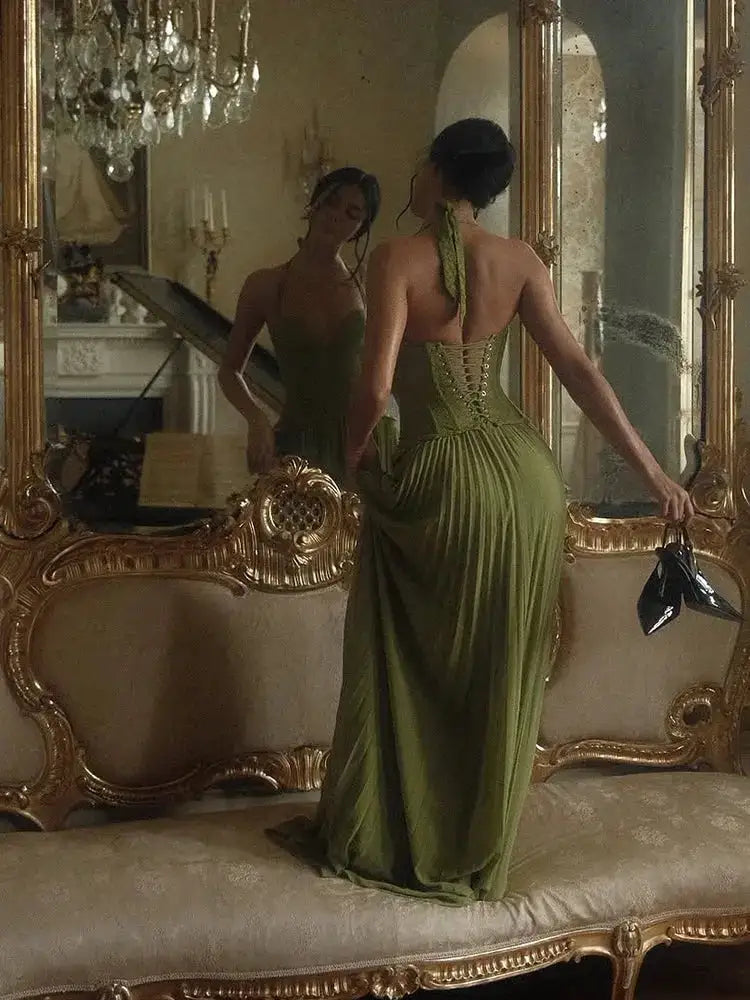Green Fishbone Corset Halter Maxi Dress Women Sleeveless Backless Pleated Patchwork Slim Dresses Lady Solid Party Evening Gown by Dropshipman