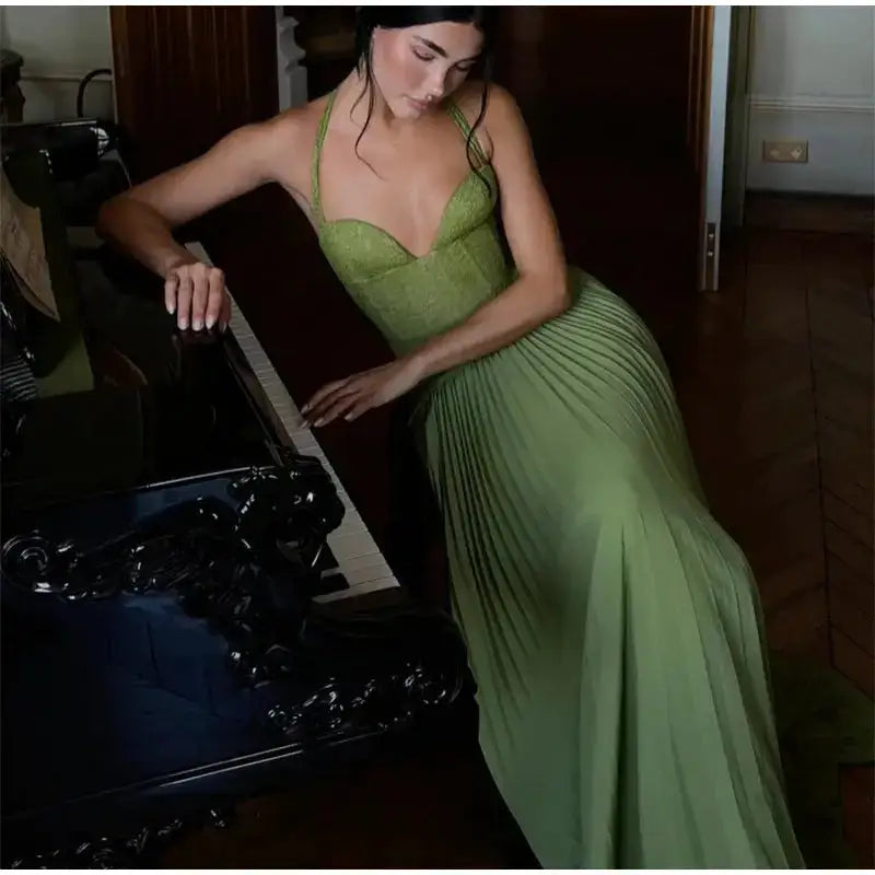 Green Fishbone Corset Halter Maxi Dress Women Sleeveless Backless Pleated Patchwork Slim Dresses Lady Solid Party Evening Gown by Dropshipman