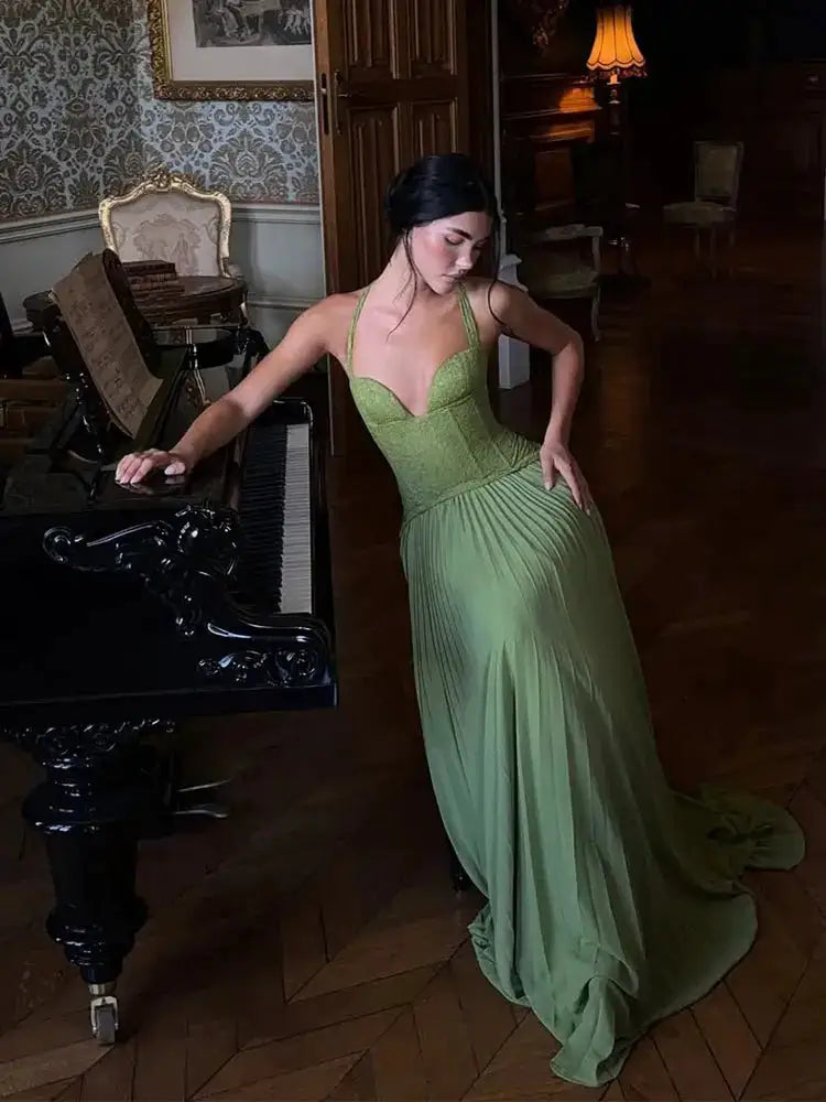 Green Fishbone Corset Halter Maxi Dress Women Sleeveless Backless Pleated Patchwork Slim Dresses Lady Solid Party Evening Gown by Dropshipman