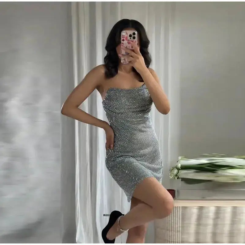 Rhinestone Shining Sexy Evening Dress Women Sleeveless Backless Slim Party Pleated Gown Female Dresses Street Vacation Lady Robe by Dropshipman