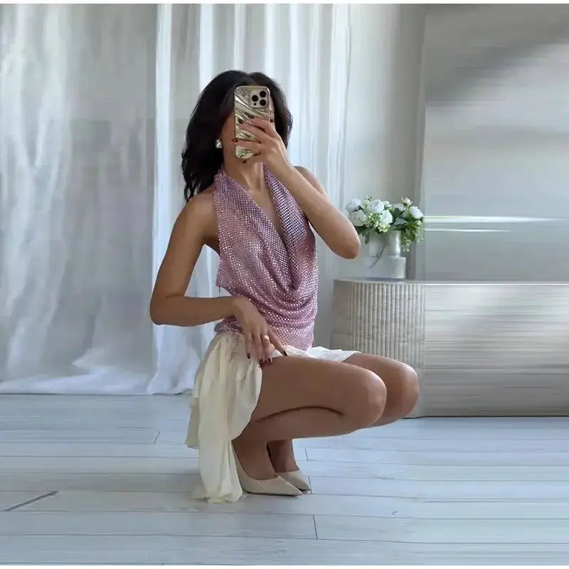 Rhinestone Shining Sexy Evening Dress Women Sleeveless Backless Slim Party Pleated Gown Female Dresses Street Vacation Lady Robe by Dropshipman