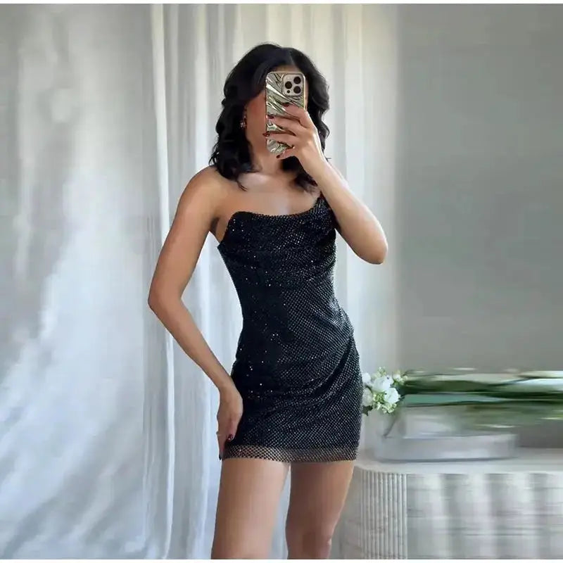 Rhinestone Shining Sexy Evening Dress Women Sleeveless Backless Slim Party Pleated Gown Female Dresses Street Vacation Lady Robe by Dropshipman