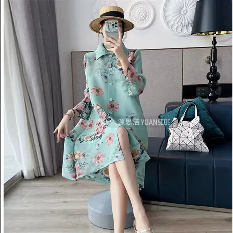 Womens Dresses Evening Dresses Fashion Holiday Style Printed Dress Spring/Summer Flower Folding Long Dress Loose Plus Size Skirt by Dropshipman