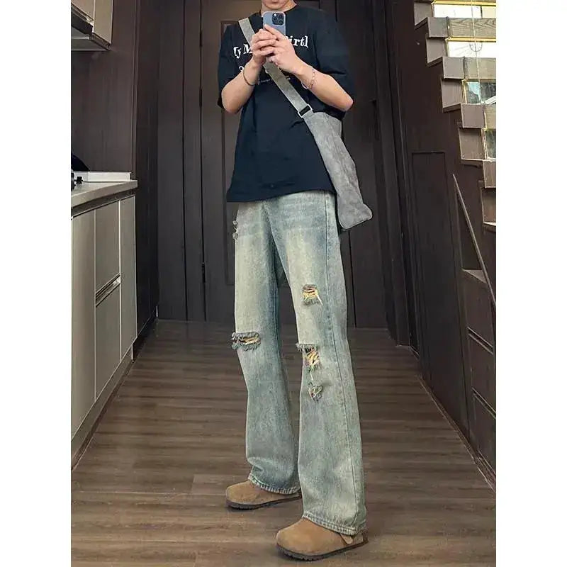 Man Pants Mens Jeans Baggy Jeans Distressed Loose Straight Leg Summer Retro High Street Casual Trousers For Men by Dropshipman