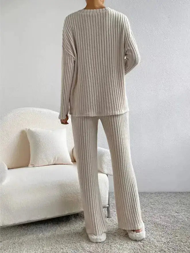 Fashionable Knitted Two-Piece Set Casual V-Neck Long Pants Autumn Winter New Style Loose Fit Korean Style Comfortable Polyester by Dropshipman