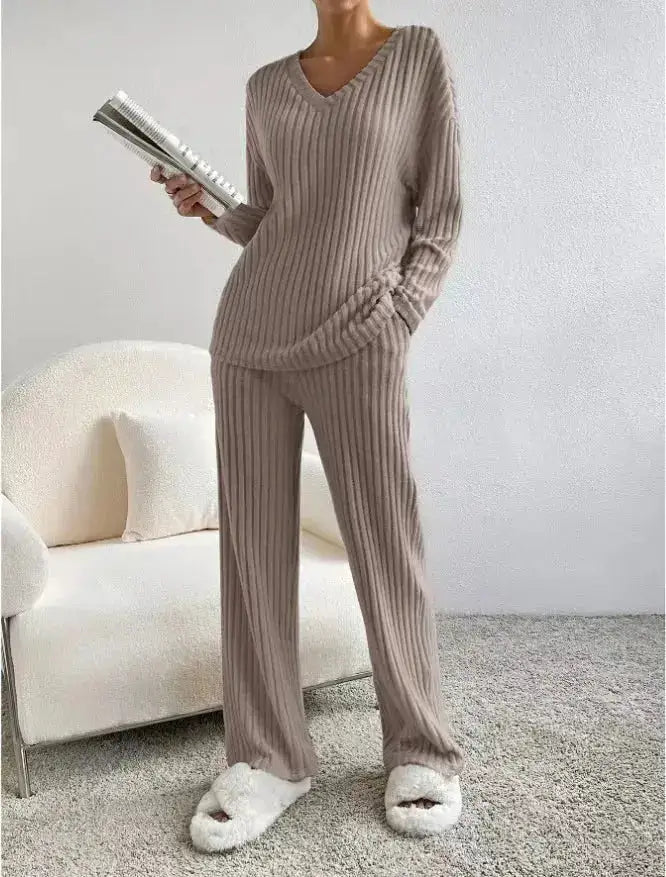 Fashionable Knitted Two-Piece Set Casual V-Neck Long Pants Autumn Winter New Style Loose Fit Korean Style Comfortable Polyester by Dropshipman