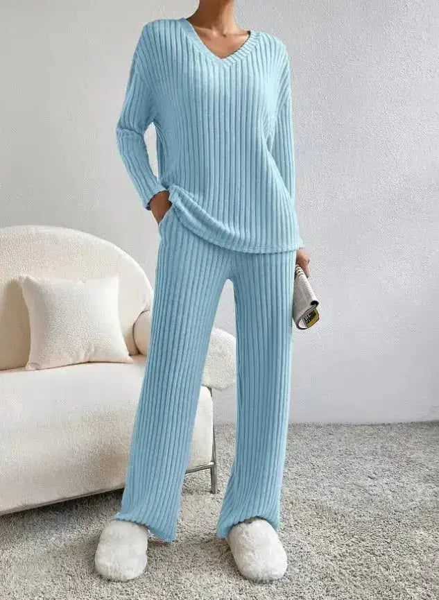 Fashionable Knitted Two-Piece Set Casual V-Neck Long Pants Autumn Winter New Style Loose Fit Korean Style Comfortable Polyester by Dropshipman