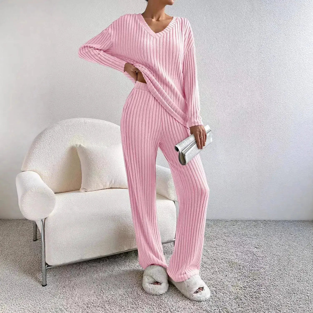 Fashionable Knitted Two-Piece Set Casual V-Neck Long Pants Autumn Winter New Style Loose Fit Korean Style Comfortable Polyester by Dropshipman