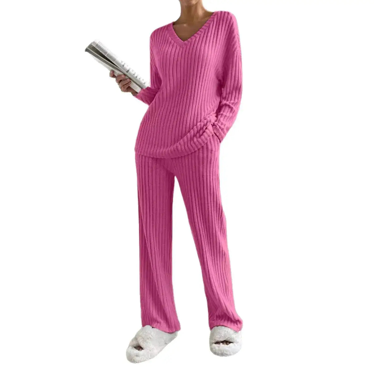 Fashionable Knitted Two-Piece Set Casual V-Neck Long Pants Autumn Winter New Style Loose Fit Korean Style Comfortable Polyester by Dropshipman