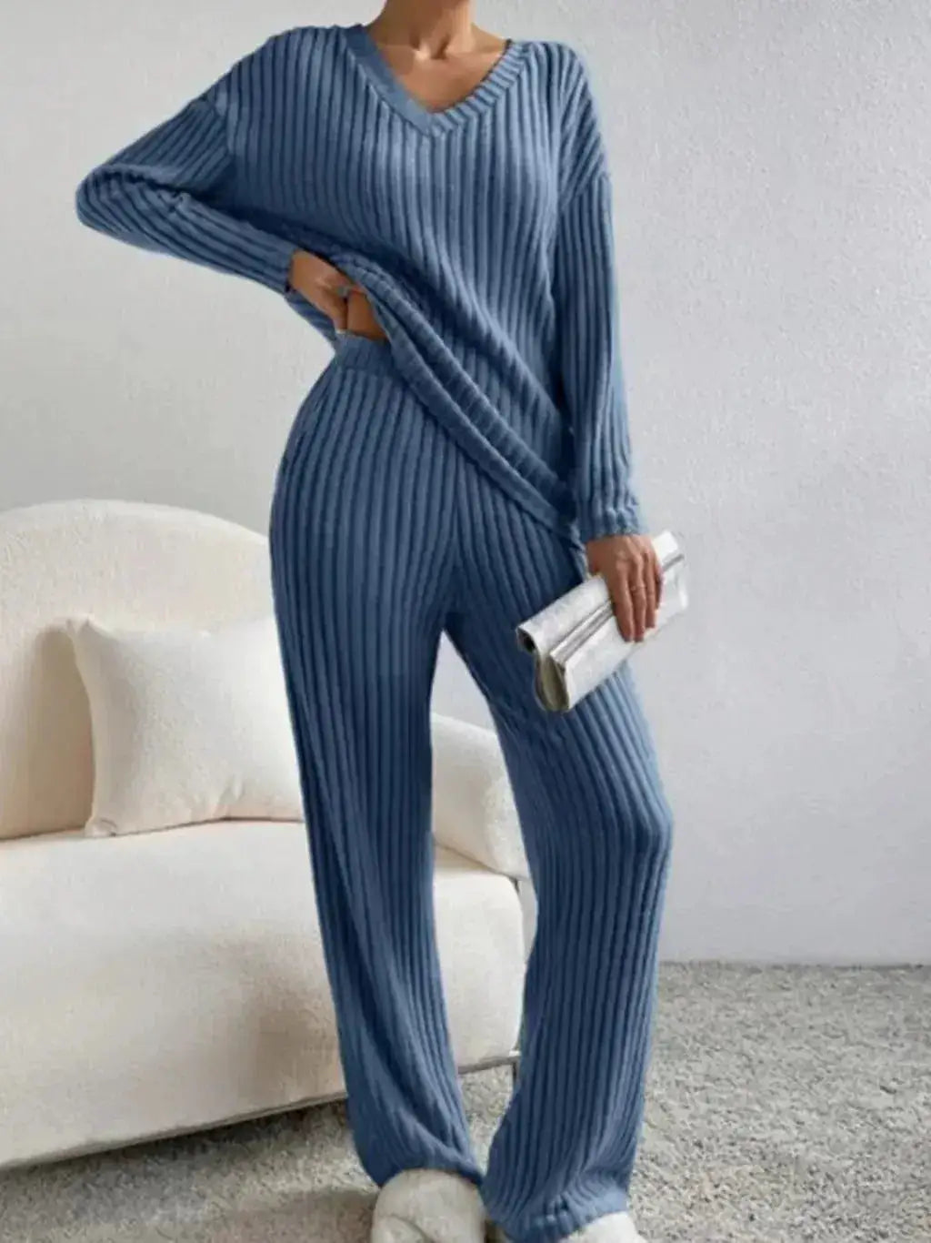 Fashionable Knitted Two-Piece Set Casual V-Neck Long Pants Autumn Winter New Style Loose Fit Korean Style Comfortable Polyester by Dropshipman