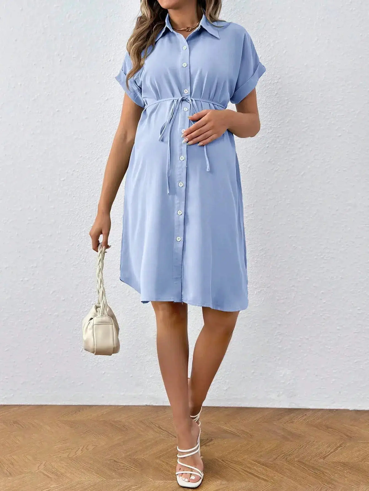New Maternity Dress Summer Short Sleeve Button Casual Maternity Dress Fashion Belt Shirt Maternity Dress Pregnancy Dress by Dropshipman