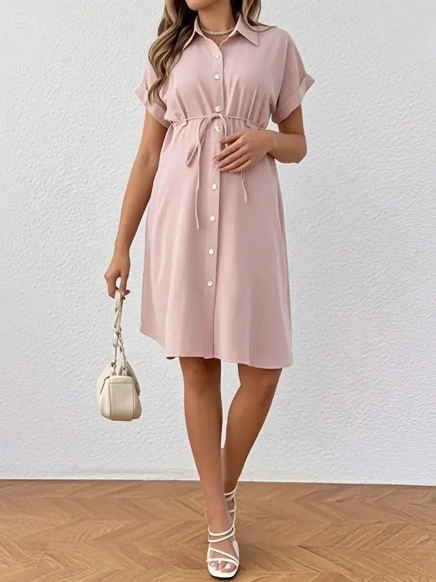 New Maternity Dress Summer Short Sleeve Button Casual Maternity Dress Fashion Belt Shirt Maternity Dress Pregnancy Dress by Dropshipman