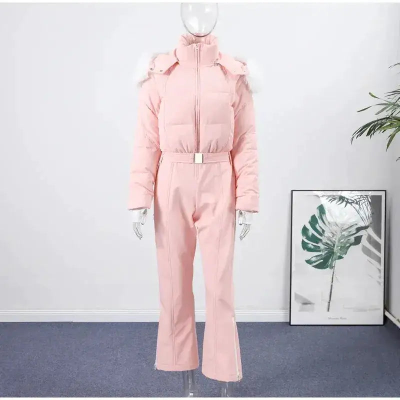 Women Fur Collar Hooded Skiwear Fashion Solid Thicken Zipper High Waist Slim Outdoor Overalls Jumpsuit Lady Winter Outwear by Dropshipman