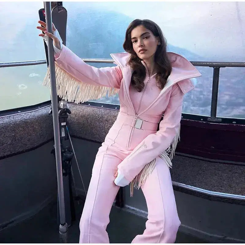 Women Fur Collar Hooded Skiwear Fashion Solid Thicken Zipper High Waist Slim Outdoor Overalls Jumpsuit Lady Winter Outwear by Dropshipman
