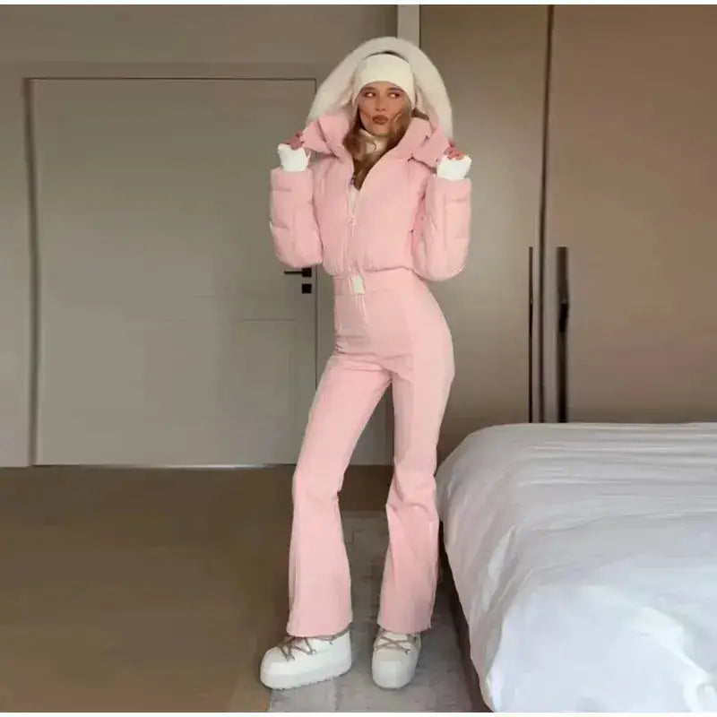 Women Fur Collar Hooded Skiwear Fashion Solid Thicken Zipper High Waist Slim Outdoor Overalls Jumpsuit Lady Winter Outwear by Dropshipman